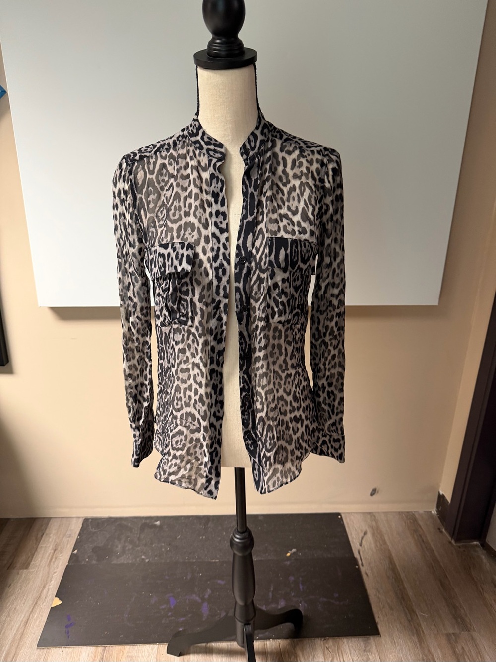 BCBGMaxAzria Black & White Leopard Print Button-Down Blouse